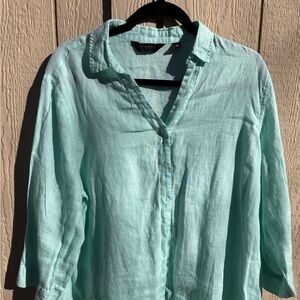 Investments Women’s Lime Teal Linen Button Down Blouse Size